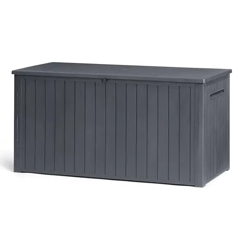 Keter Southwood Gartenbox 643L – Wetterfeste Auflagenbox mit Gasdruckfeder - Aufbewahrungsboxen mit 643 Liter Stauraum für Gartenmöbelkissen und Gartengeräte, wetterfest und abschließbar, bietet auch Sitzgelegenheit für zwei Erwachsene.