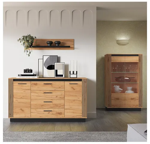Lomadox Wohnzimmer-Set URBANIA-131 - Mega-Spar-Set mit 3 Teilen: Kommode, Vitrinenschrank und Wandregal in eleganter Eiche-Optik. Ideal für stilvolle Unterhaltungselektronik und platzsparend.