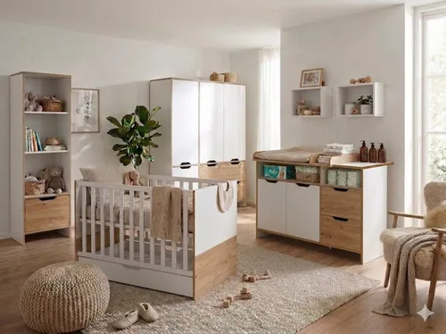 Arthur Berndt Babyzimmer Set, Eiche Artisan & Weiß - Komplettes Kinderzimmer-Set mit 4-türigem Kleiderschrank und höhenverstellbarem Babybett. Ideal für eine praktische und stilvolle Einrichtung des Babyzimmers.