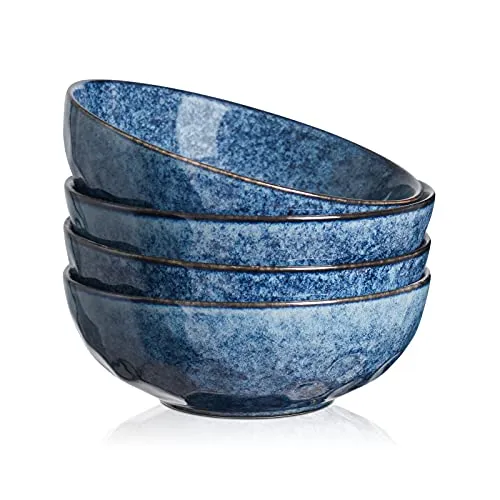 vicrays 4er Set Müslischalen aus Porzellan, Füllmenge 940 ml, Set von Pastatellern und Schüsseln, große Müslischüssel, Salatschüssel Keramik, mikrowellen- und spülmaschinenfest (Blau)