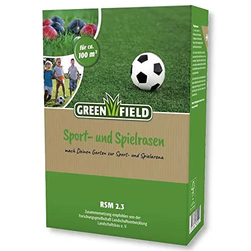 Greenfield Rasensamen Sport- und Spielrasen, 2 kg - Pflanzensamen für beanspruchte Flächen, ideal für Sport und Spiel, mit einer Aussaatzeit von März bis Oktober und einer maximalen Anwendungsfläche von 100 m².