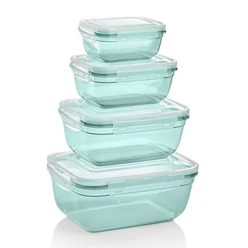 Grizzly 4er Set Frischhaltedosen (0,4L, 0,8L, 1,4L, 2,3L), rechteckig, Kunststoff, 100% luft-/wasserdicht, mikrowellengeeignete Vorratsdosen, Mint