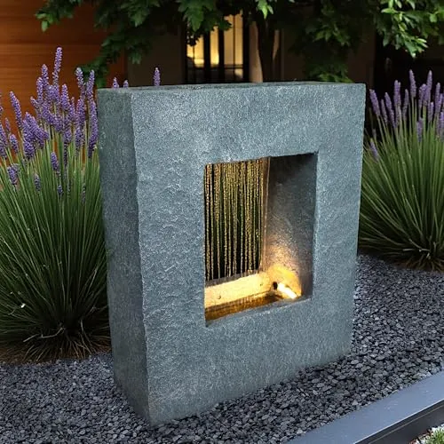 Gartenbrunnen mit LED Beleuchtung 65x53 cm - stilvolle Gartendekoration - Freistehender Springbrunnen in Steinoptik mit warmweißer LED-Beleuchtung. Ideal für Innen- und Außenbereiche, schafft eine entspannende Atmosphäre mit einem schönen Regen-Wasserfall.
