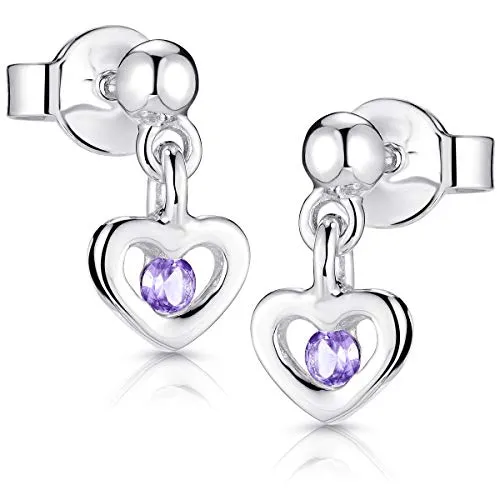 MATERIA Kinder Ohrstecker Silber 925 Mädchen - Herz Ohrringe hängend lila Zirkonia SO-402-Lila