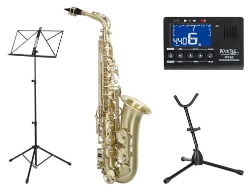Classic Cantabile AS-450 Brushed Eb-Altsaxophon Set - Alt-Saxophon aus matt gebürstetem Messing, klarlackiert, mit Hoch-Fis-Klappe. Ergonomische Klappenmechanik für vollen Klang. Inklusive Metro-Tuner, Saxophonständer und Notenständer.