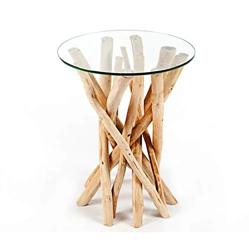 invicta INTERIOR Design Teakholz Couchtisch Driftwood mit Glasplatte - Beistelltisch fürs Wohnzimmer, einzigartig handgefertigt aus Teakholz mit runder Glasplatte - ideal als Couchtisch oder Beistelltisch für Snacks und Getränke.