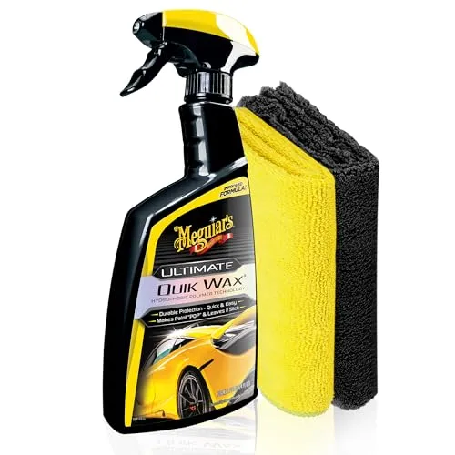 Lack Versiegelung Set | Meguiar's Ultimate Quik Wax Spray 473ml + 2x Poliertuch | Nano Sprühwachs mit Abperleffekt | Auto Sprühversiegelung