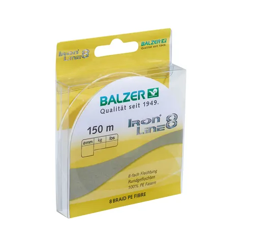 Balzer Iron Line 8x Gelb - Geflochtene Angelschnur 150m - Hochwertige geflochtene Angelschnur in leuchtendem Gelb, ideal für jede Angeltechnik. Mit einer Tragkraft von 9,8kg und einer Länge von 150m bietet sie optimale Performance beim Angeln.