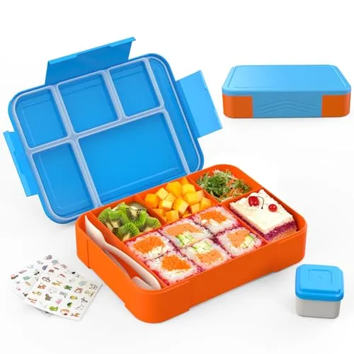 SWVIODMT Brotdose Kinder mit Fächern 1330 ml Bento Box mit 6 Fächern Besteckset - Auslaufsichere Lunchbox für Kinder - Perfekt für Garten, Schule - Cyanblau