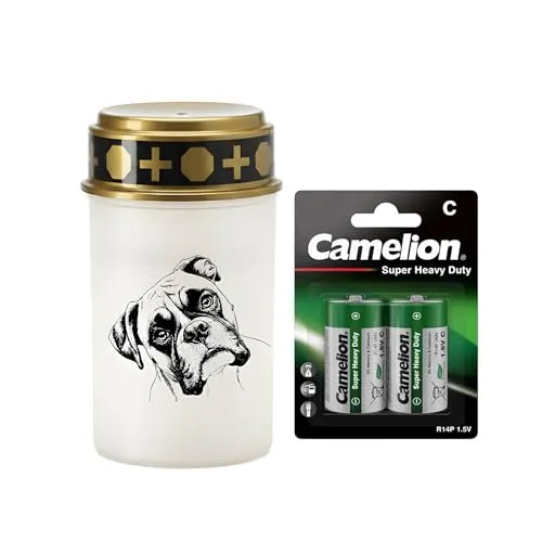 Fachhandel Plus LED Grablicht Hund mit Batterien – Grabkerze LED, wetterfeste Grableuchte Ewiges Licht mit Hundemotiv, warm flackerndes Gedenklicht für Tiergrab & Gedenkstätte (Weiß, Boxer)