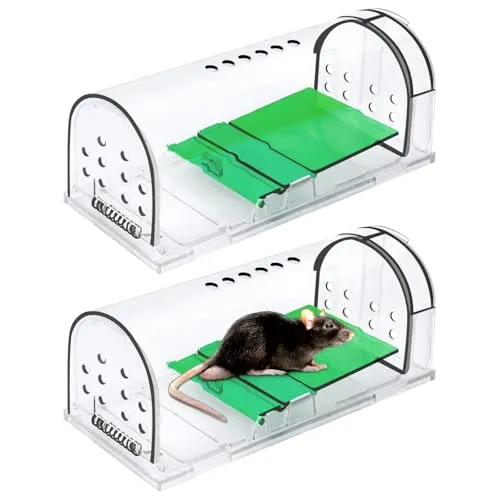 Mausefalle Lebend 2er Set, Tierfreundliche Hygenische Mäusefalle mit Doppeltüren, Hochsensible Lebendfalle für Mäuse, Mehrweg Wiederverwendbar MäUse, für in der Küche im Garten im Lager transparent