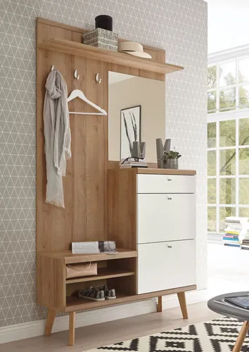 Flur Garderobe Merle 110cm eiche riviera / weiß matt Spiegel Kompaktgarderobe