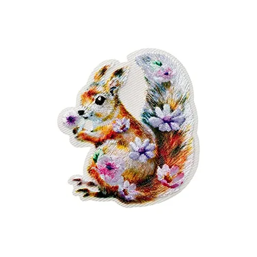 Mono Quick 1215x Tiere mit Blumen, Applikation, Schimmer Bügelbild, Faultier, Panda, Eichhörnchen, Hirsch oder Waschbär Patch (12157 - Eichhörnchen)