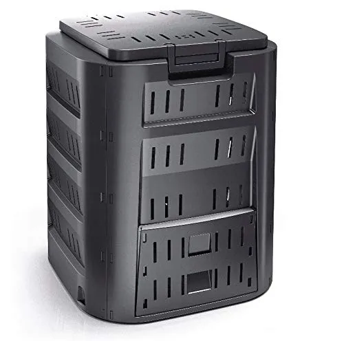 Garten Komposter 320L Schwarz Thermokomposter Kompostbehälter Kunststoff Deckel Schiebeklappe