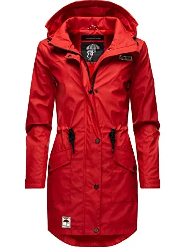 Navahoo Damen Regenmantel Deike Rot - Wasserdicht & Warm - Funktionsjacke mit tailliertem Schnitt, großer Kapuze und warmem Teddyfleece-Innenfutter. Ideal für Nässe und kalte Tage, mit praktischen Taschen und abnehmbarer Kapuze.