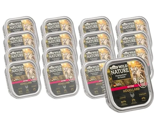 Dehner Wild Nature Nassfutter für Katzen Hügelland Kitten, Huhn, 16 x 100 g - Katzenfutter für Kitten, reich an hochwertigem Hühnerfleisch (über 70%) ohne Getreide, unterstützt eine gesunde Muskulatur und sorgt für optimale Feuchtigkeitszufuhr.