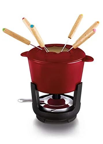 Beka Arome Fondue, Gusseisen Emailliert, 15 cm, Rot - Authentisches Fondue-Set für 4-6 Personen, ideal für Käse- und Schokoladenfondue. Mit hervorragender Wärmeleitfähigkeit und 6 Fonduegabeln inklusive, perfekt für gesellige Abende!