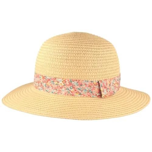 Breiter Rollbarer Kinder Strohhut mit Blümchenband Sonnenhut Mädchen Sommerhut knautschbar & rollbar Beige 52