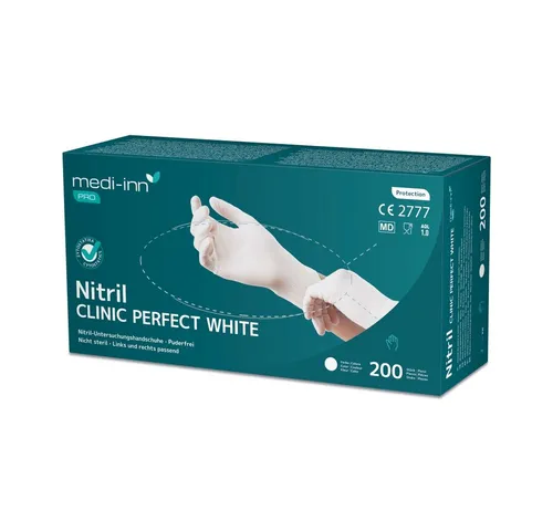 Medi-Inn Einmalhandschuhe Clinic Perfect White Nitril puderfrei, 2000 Stück Größe S - Robuste Nitril-Einmalhandschuhe in weiß, puderfrei und unsteril. Ideal für professionelle Anwendungen in Medizin, Pflege und Reinigung. Hohe Elastizität und Reißfestigkeit für optimalen Schutz.