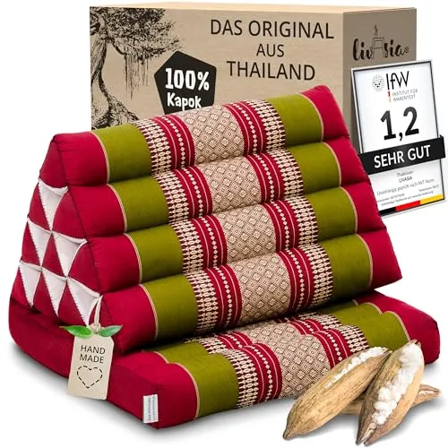 livasia Thaikissen mit 1 Auflage - 75x50x8cm - Handgefertigtes Dreieckskissen für entspannende Momente (Rot/Grün) - VIELSEITIG UND PLATZSPAREND: Das klappbare Thaikissen bietet optimale Rückenstütze und ist ideal für Yoga, Meditation oder als gemütlicher Sitzplatz. Handgefertigt und mit Kapok gefüllt, bringt es fernöstliches Flair in jeden Raum.
