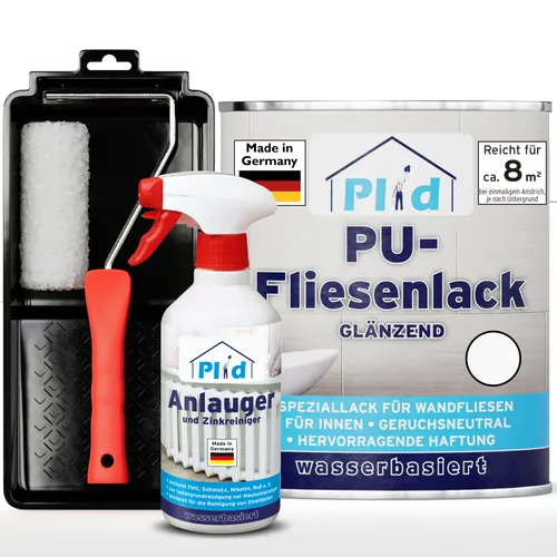 Plid Fliesenlack 0,75l Weiß glänzend - Lacke für Wandfliesen, aromatenfrei und feuchtigkeitsbeständig, ideal für Küche und Bad. Set inklusive Lackierset und Anlauger für einfache Anwendung.