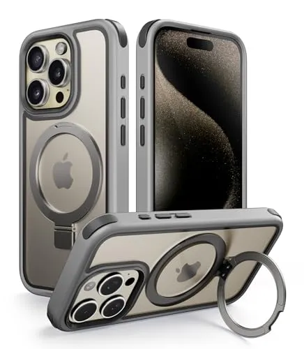 MobNano 2025 Neu Magnetisch Ständer iPhone 15 Pro Max Hülle, Hybrid Ringhalter Handyhülle für MagSafe, Stoßfest Durchsichtig Schutzhülle mit Silikon Bumper Magnet Stand Phone Case Natural Titanium