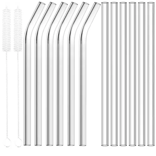 HAUTOCO Glasstrohhalme Wiederverwendbar 12 Stück - 6 Gerader und 6 Gebogene Strohhalme Glas mit 2 Reinigungsbürste, Trinkhalm Glas Strohhalme Spülmaschinenfest 21.5 cm für Cocktail Gin Gläser