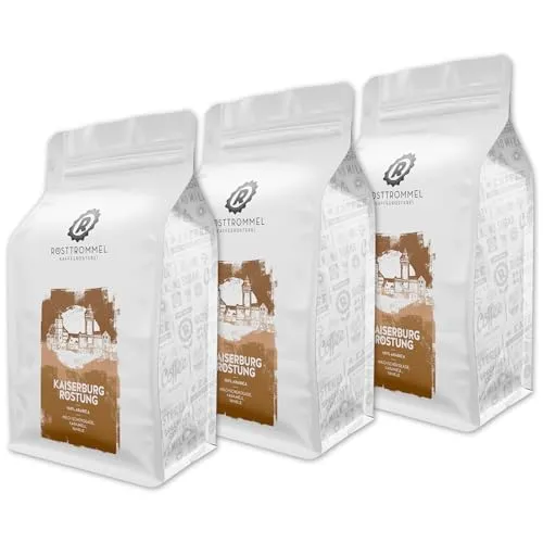 RÖSTTROMMEL Kaiserburg Kaffee-Bohnen 3x1kg - 100% Arabica - Exquisite 100% Arabica Bohnen aus Brasilien, sanft geröstet für ein harmonisches Geschmackserlebnis von Milchschokolade, Karamell und Vanille. Ideal für Kaffeeliebhaber, die besonderen Genuss suchen.