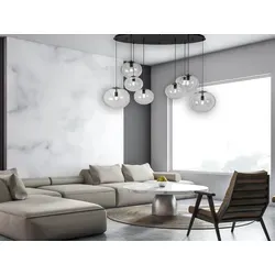 LED Pendelleuchte 8-flammig Klarglas Retro-Design - Stilvolle 8-flammige Pendelleuchte mit klarem Glas und schwarzer Metall-Aufhängung – perfekt für große Esstische und offene Wohnbereiche. Die dimmbaren LED-Leuchtmittel sorgen für eine stimmungsvolle Atmosphäre.