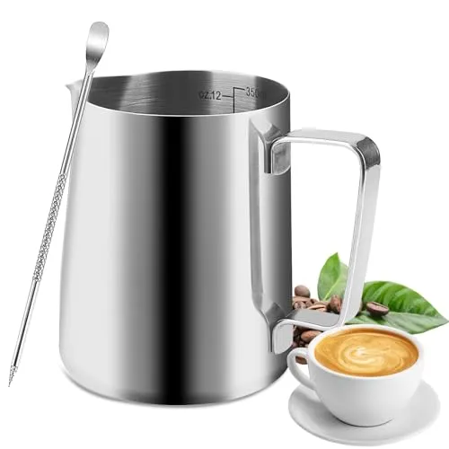 Hisdricus Milchkännchen Edelstahl, 350 ml, Barista Milchkännchen, Milchkanne mit Messung Mark und Barista Zubehör Latte Art Pen für Cappuccino und Latté,Espresso,Silber