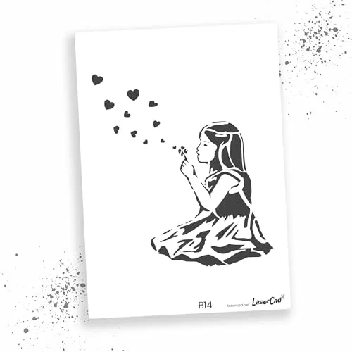 LaserCad Schablonen BANKSY Streetart (B014, Girl Heart Bubbles, DIN A5) Stencil für Graffiti, Airbrush, Kunst, Deko, zum Malen