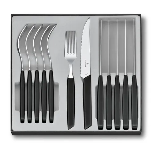 Swiss Modern Besteckset 12tlg - Steakmesser in elegantem Schwarz - Hochwertiges Besteck-Set für 6 Personen, bestehend aus Steakmessern und Tischgabeln. Aus rostfreiem Stahl mit komfortablen Kunststoffgriffen - spülmaschinenfest und ideal für stilvolle Mahlzeiten.