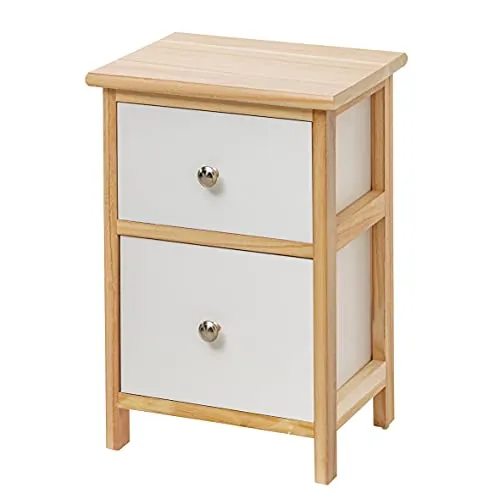 Baroni Home Nachttisch, Wohn- und Schlafzimmerschrank, Mehrzweckschrank, aus Naturholz mit 2 weißen Schubladen, Maße 30x24x43 cm