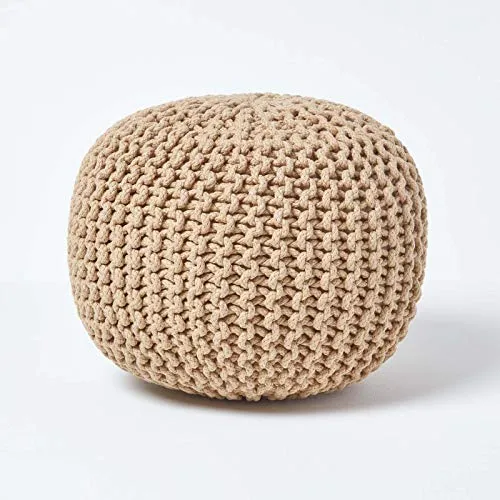 Homescapes Runder Strickpouf aus 100% Baumwolle, cremeweiß - Gemütlicher runder Pouf in vintage Leinen-Farbe, ideal als Fußhocker oder Beistelltisch. Strapazierfähiger Bezug und formbeständige Füllung sorgen für langanhaltenden Komfort.