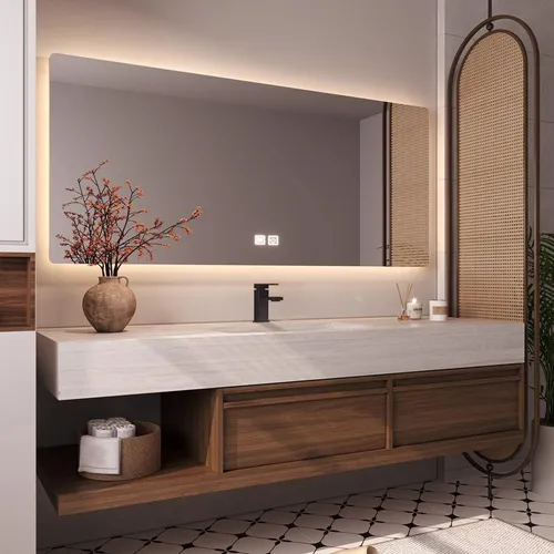 Muxing Badmöbel-Set Waschtisch-Set in Travertinoptik mit Spiegel und Unterschrank, braun 120 cm - Elegantes Badmöbel-Set in Travertinoptik für stilvolle Bäder. Mit Wandmontage und einfacher Selbstmontage bietet es praktische Lösungen für Ihr Badezimmer.
