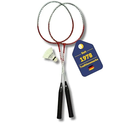 Best Sporting Badminton Schläger Set I Hochwertige Federballschläger aus gehärtetem Stahl I Leichte Badmintonschläger mit Ösen I Federball Schläger mit Ball I 280 g (rot/Silber)