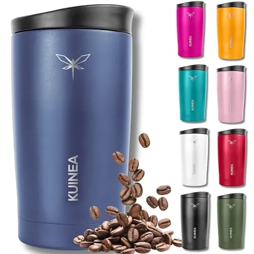 KUINEA Kaffeebecher To Go 350ml [100% auslaufsicher] Edelstahl Thermobecher Kaffee, bis 6h warm, Coffee To Go Becher mit hygienischem Spezial-Verschluss, Travel Mug für Kaffee & Tee, BPA-frei, blau