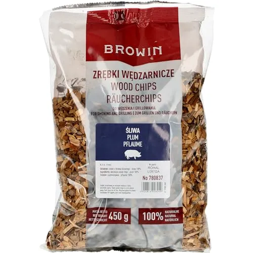 BROWIN® Räucherchips Pflaume 450 g 780837 | Räucherholz 6-8 mm für Schweinefleisch | Räucherspäne zum Räuchern und Grillen | smoking Chips für Smoker, Gasgrill und Grill