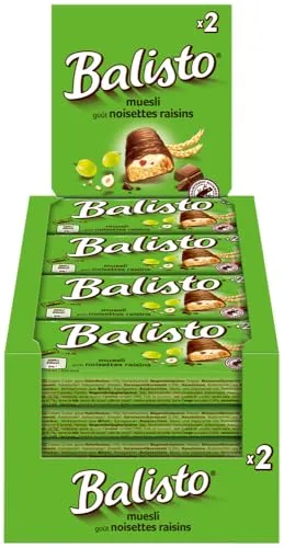 Balisto Riegel Müsli 4x 20x37g Keks mit Vollkorn und einer Crème mit Haselnussgeschmack und Rosinen, umhüllt von Milchschokolade - Schokoriegel Snack Schokolade