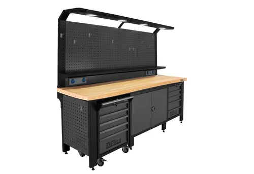 TRUTZHOLM Werkstattserie Profiline Werkstattschranksystem XXL 250 cm - Hochwertiger Werkzeugschrank aus pulverbeschichtetem Stahl mit integrierten LED-Leuchten, abschließbaren Schubladen und großzügiger Arbeitsfläche – ideal für jede Werkstatt und Garage.