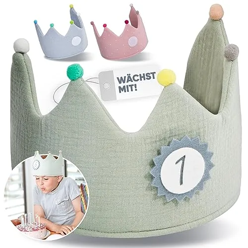 NeLi Geburtstagskrone Mädchen und Junge aus Musselin Krone Party Deko Hut Stoffkrone mit Zahlen von 1 - 9 mit Klett in drei Farben (mint)