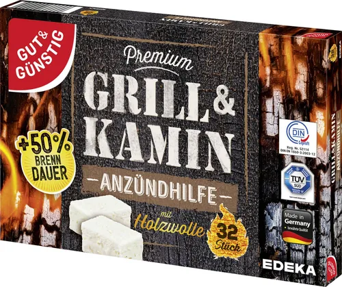 Grill und Kamin Anzündhilfe mit Holzwolle – 32 Stück Anzünder