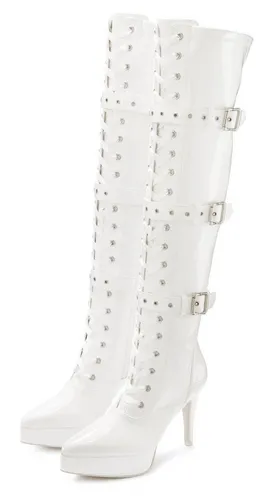LASCANA Belle Affaire Overkneestiefel mit Plateau - Stilvolle Damen Overknee-Stiefel aus glänzendem Lacklederimitat mit 11 cm Absatzhöhe und Plateau. Perfekt für einen sexy Look, ideal für besondere Anlässe.