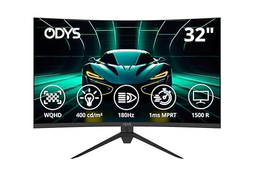 Odys XP32 PRO-X - 32 Zoll Curved Gaming Monitor - Curved Gaming Monitor mit WQHD-Auflösung (2.560 x 1.440 px), 180 Hz und 1 ms Reaktionszeit für ruckelfreie Action. Eye Care-Technologie schützt deine Augen bei langen Gaming-Sessions.