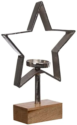 Brandsseller Deko Metall Stern mit Kerzenhalter auf Holzpodest Weihnachtsdeko Weihnachtsstern Kerzenleuchter Kerzenständer Silber