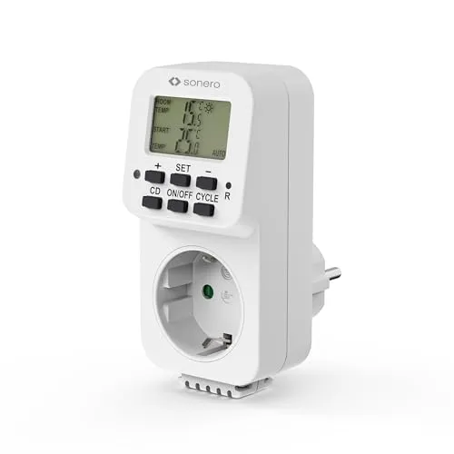 sonero digitales Thermostat Steckdose, Temperaturregler, Heizung, Kühlung, zeitgesteuert mit internem Fühler, für Terrarium, Gewächshaus, Räucherofen, als Frostwächter, 3600 Watt, weiß
