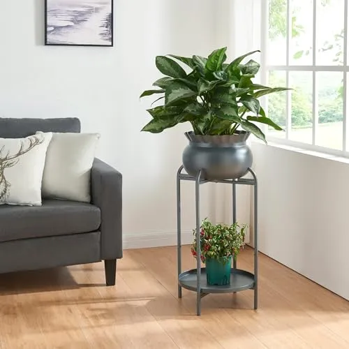 [en.casa] Blumenständer Altena mit Blumentopf und Ablage - stilvolles Pflanzenregal in Schwarz - Pflanzenregale: Dekorativer Blumenständer mit abnehmbarem Pflanztopf und zusätzlicher Ablage für eine stilvolle Präsentation Ihrer Pflanzen und mehr.