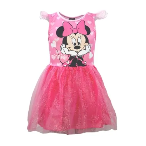 Disney Minnie Maus Mädchen Sommerkleid (Gr. 104–134) – Funkelnder Glitzer-Tüllrock & herziger Minnie-Print – 100% Polyester, Farbe: Rosa, Bekleidungsgröße: 128/134