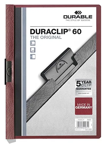 Durable Klemm-Mappe Duraclip Original 60, aubergine/dunkelrot - Farbige Dateiordner: Hochwertige Klemmmappe für bis zu 60 Blatt A4, mit 5 Jahren Clip-Garantie und sicherer Aufbewahrung für ungelochte Unterlagen.