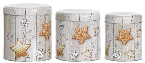 Brandsseller 3er Set Keksdose Zylinderform Weihnachtsdose Plätzchendose Gebäckdose Metall Sterne